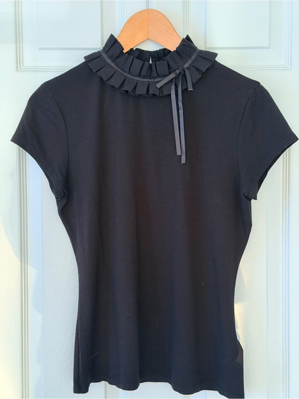 Black Ruffled Mock-Neck Short Sleeve Top